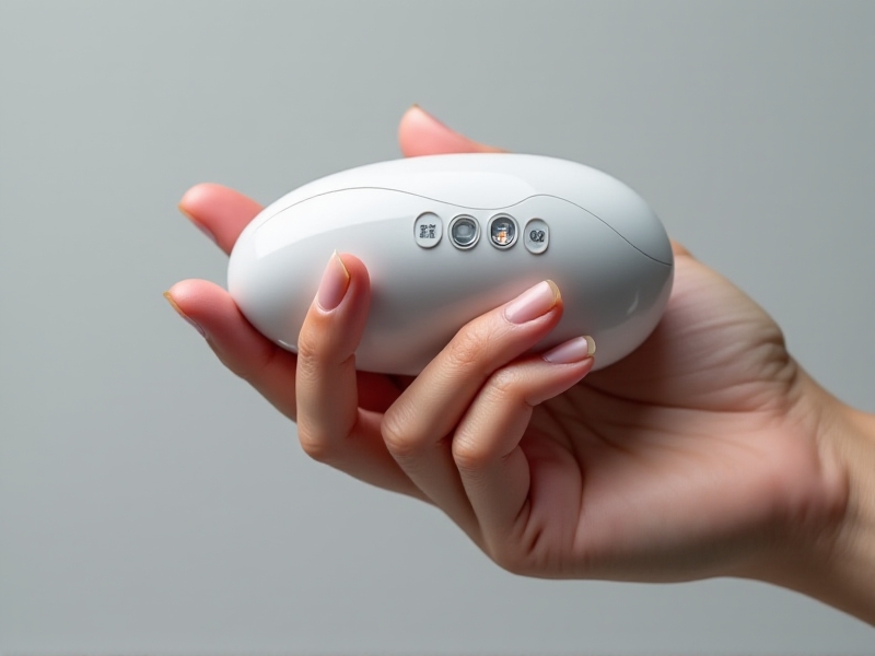 A close-up of a person's hand holding a portable cryo facial tool, showcasing its ergonomic design. The tool features a smooth, curved shape with a soft-touch grip and strategically placed buttons. The background is a neutral gray, emphasizing the tool's sleek, modern design and user-friendly features.