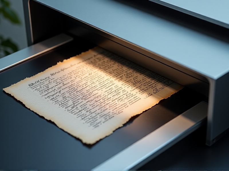 A flatbed scanner with a document placed on the glass, accompanied by a black sheet of paper behind it to reduce ink bleed-through. The scanner lid is open, revealing the setup. The lighting is even, highlighting the contrast between the document and the black background.