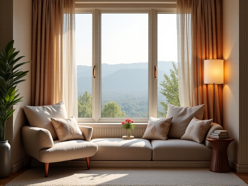 A cozy reading nook with a large window allowing natural light to flood in, complemented by soft, warm LED lamps. The room features light-filtering curtains and a neutral color scheme, creating a peaceful and inviting environment for individuals with sensory sensitivities.