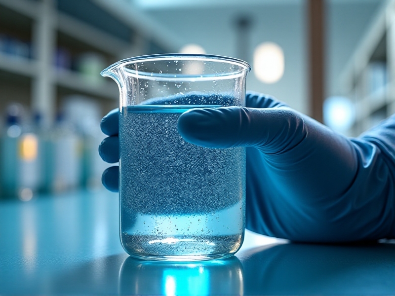 A close-up of a clear glass beaker filled with water from a float tank. The water is slightly illuminated by soft ambient light, highlighting its clarity. A gloved hand holds the beaker against a backdrop of a clean, sterile laboratory environment. The image conveys the importance of water quality testing in float tank operations.