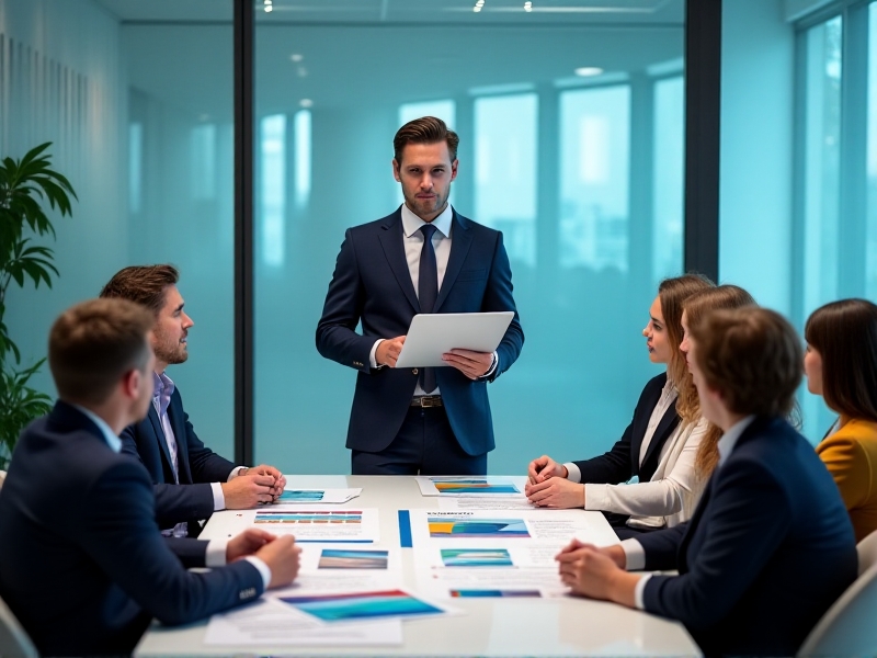 A professional wellness consultant presenting a customizable float therapy package to a group of corporate clients in a sleek, modern office. The presentation includes charts, brochures, and a laptop, emphasizing a tailored and professional approach.