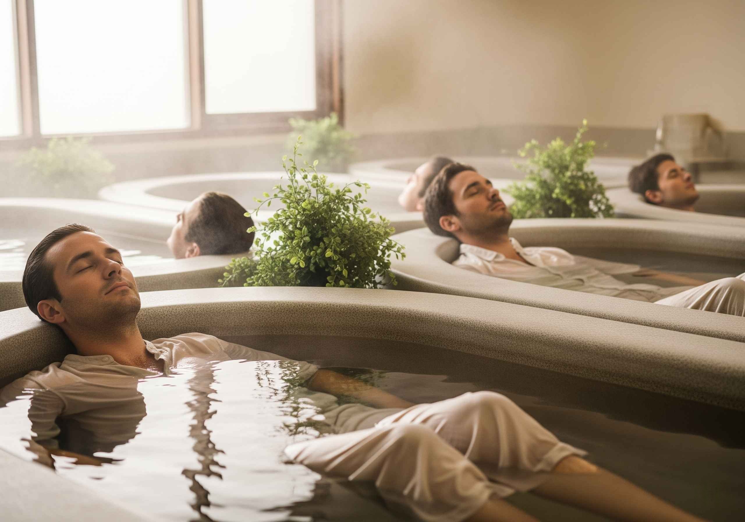 A diverse group of people using float tanks in a modern wellness center. Some are meditating, others are relaxing, and one is an athlete preparing for a competition. The tanks are sleek and futuristic, with soft lighting and a calming ambiance. The image conveys the versatility and benefits of float tanks for various applications.